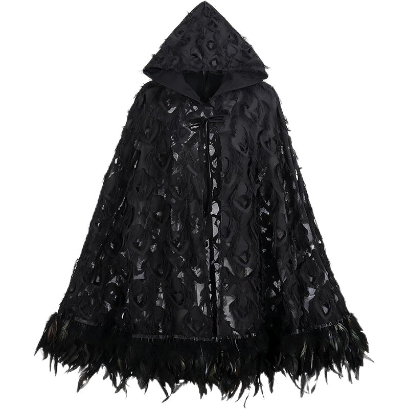 Women Gothic Hooded Cloak With Feather Hem Vampire Witch Cape Halloween Cosplay Costume Cloak