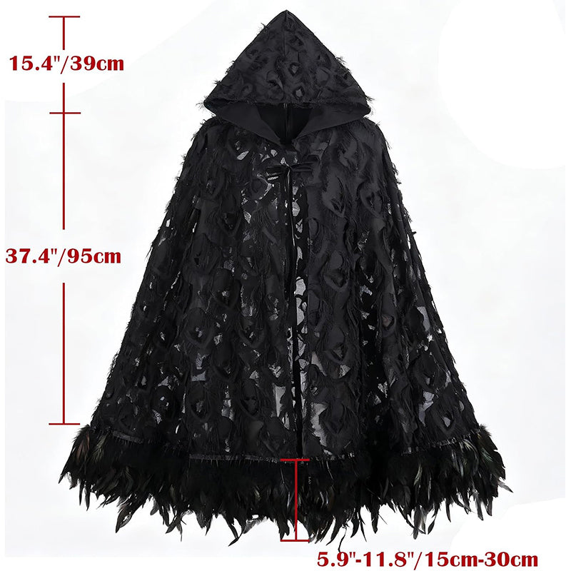 Women Gothic Hooded Cloak With Feather Hem Vampire Witch Cape Halloween Cosplay Costume Cloak