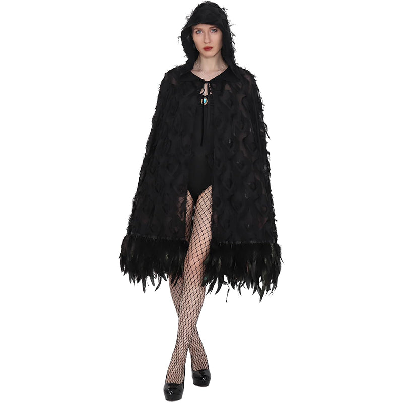 Women Gothic Hooded Cloak With Feather Hem Vampire Witch Cape Halloween Cosplay Costume Cloak