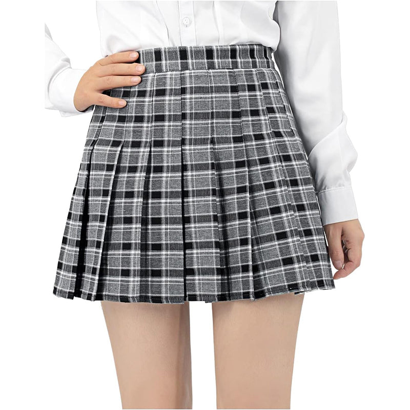 Women Grey Plaid Skirt with Shorts High Waist Pleated Skater Skirts Schoolgirl Skirts