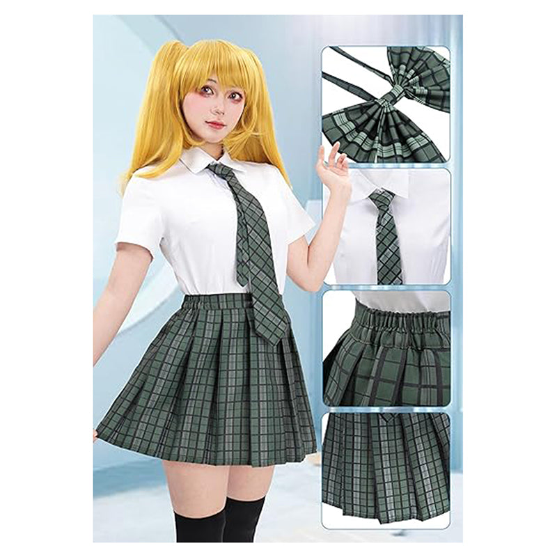 Women Japanese Uniform Outfit Costume with Plaid Bow Tie 5 PCS for Halloween Party School Wear