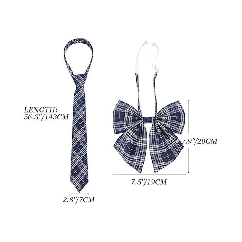Women Japanese Uniform Outfit Costume with Plaid Bow Tie 5 PCS for Halloween Party