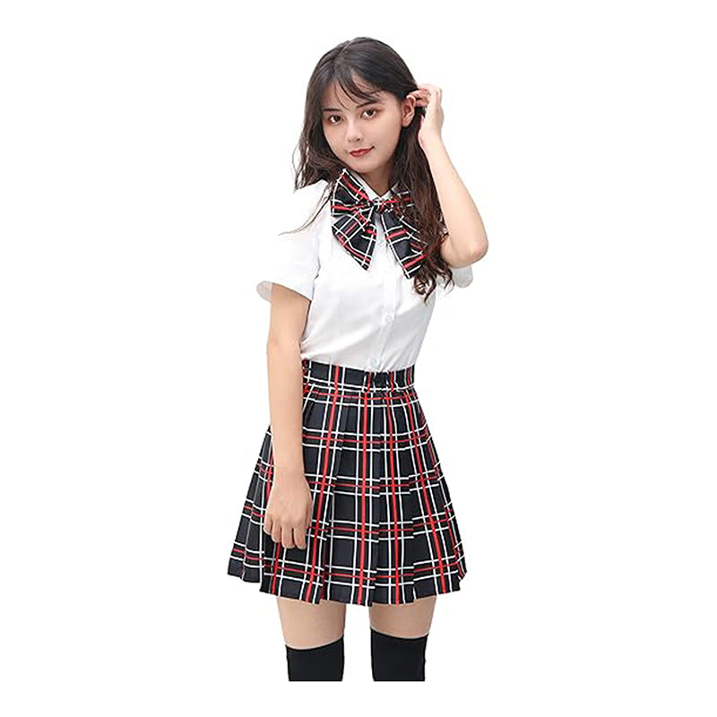 Women Japanese Uniform Outfit Costume with Plaid Bow Tie 5 PCS for Halloween Party Daily Wear