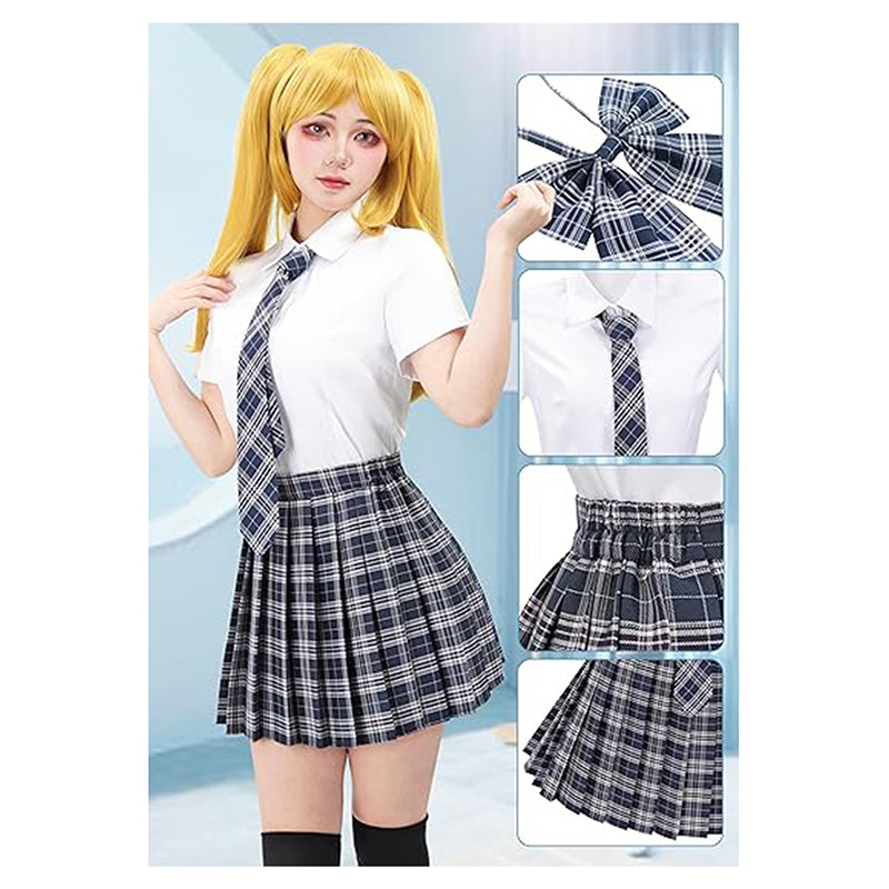 Women Japanese Uniform Outfit Costume with Plaid Bow Tie 5 PCS for Halloween Party