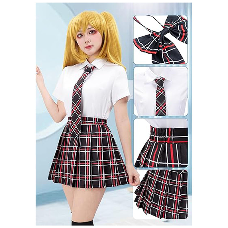 Women Japanese Uniform Outfit Costume with Plaid Bow Tie 5 PCS for Halloween Party Daily Wear