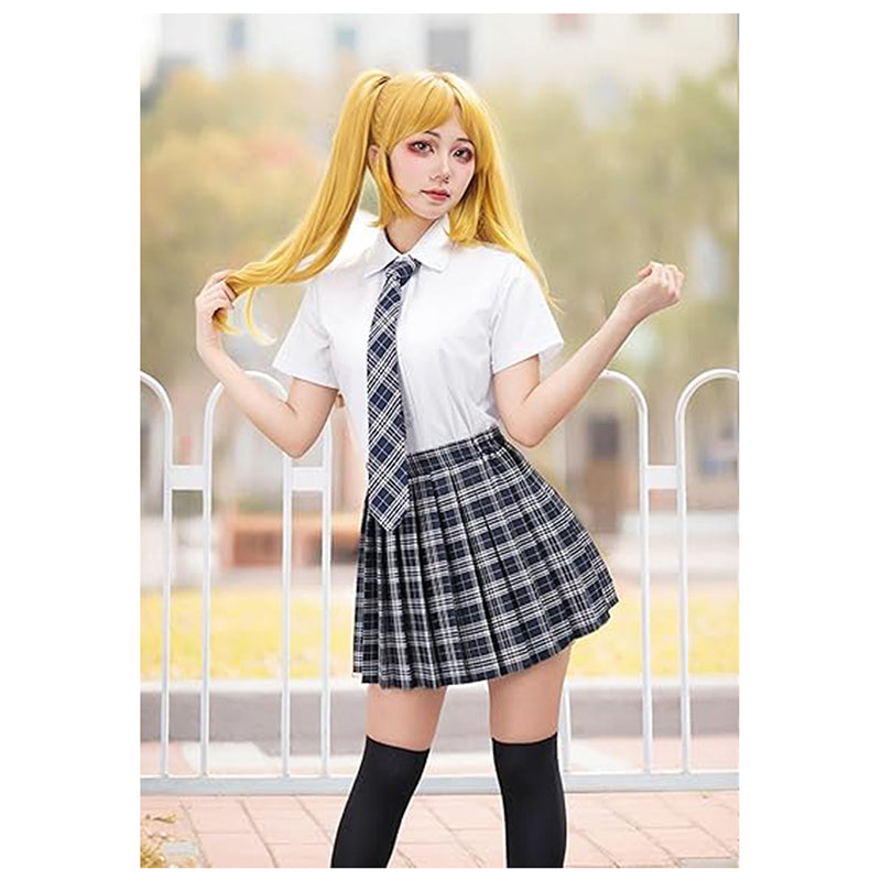 Women Japanese Uniform Outfit Costume with Plaid Bow Tie 5 PCS for Halloween Party