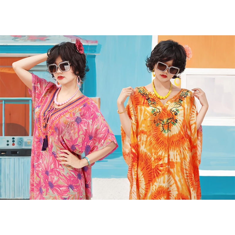 Women Kaftan Maxi Dresses Bohemian Dress Beach Floral Printed Dress With Necklace Earrings Eyeglasses Cosplay Costumes For Party Daily Wear