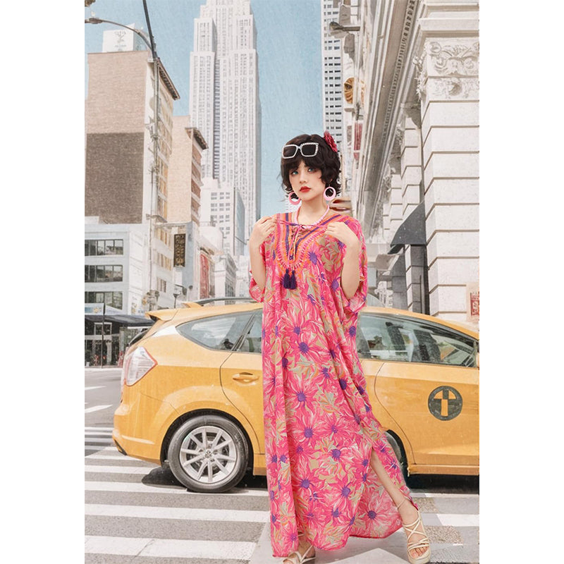 Women Kaftan Maxi Dresses Bohemian Dress Beach Floral Printed Dress With Necklace Earrings Eyeglasses Cosplay Costumes For Party Daily Wear