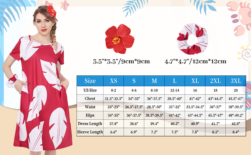 Women Leaf Dress Hawaiian Princess Long Dress Red With Pocket Flower Clip Headband Casual Daily Dresses Cosplay Costume Dresses