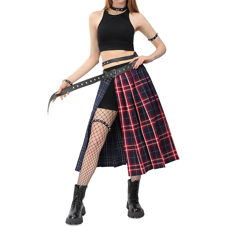 Women Low Waist Pleated Midi Skirt With Belt Plaid Slit Thigh Maxi US Size Skirt For Party Christmas Daily Wear
