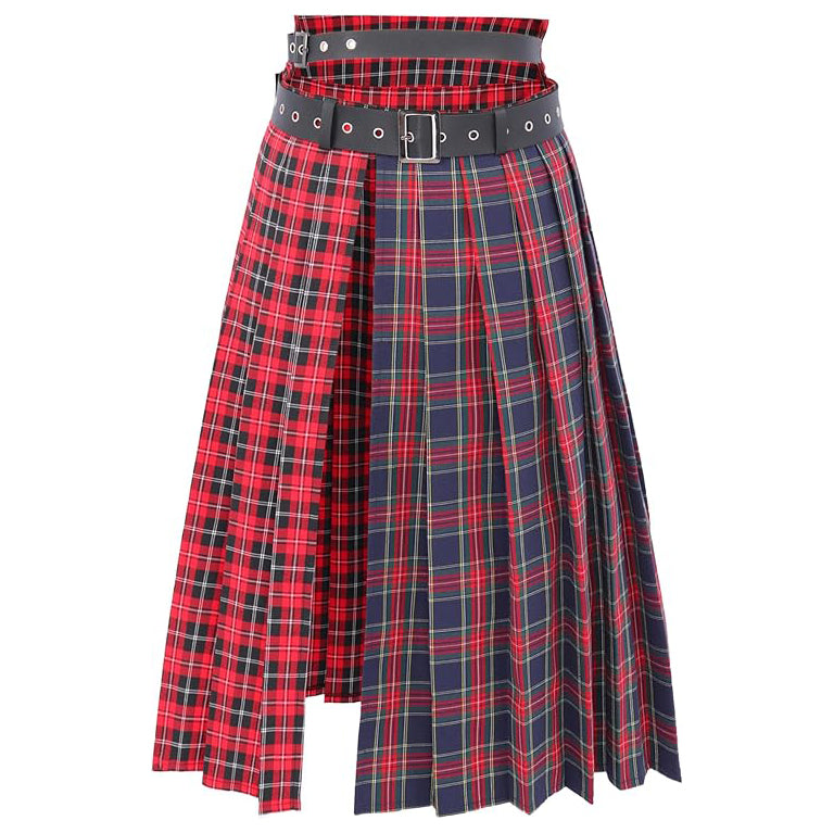 Women Low Waist Pleated Midi Skirt With Belt Plaid Slit Thigh Maxi US Size Skirt For Party Christmas Daily Wear