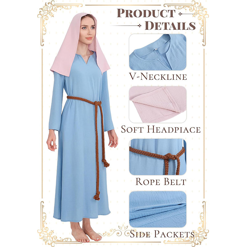 Women Mary Blue Dress Robe Biblical Peasant Costume With Purple Veil Medieval Renaissance Robe Dress Cosplay Costumes
