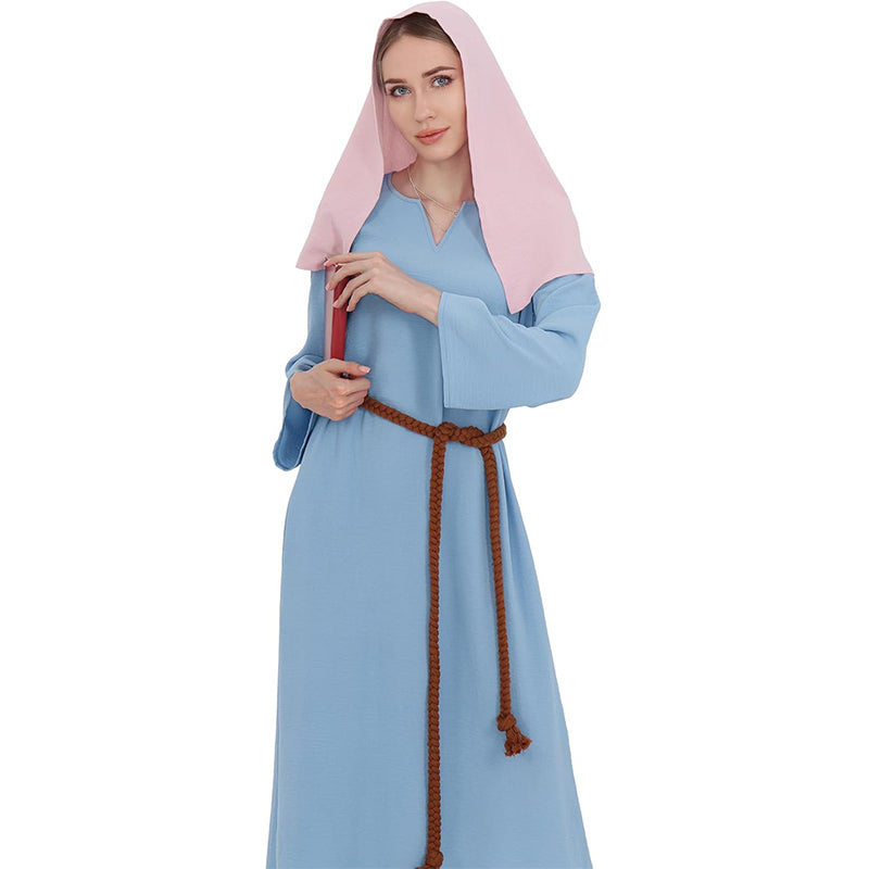 Women Mary Blue Dress Robe Biblical Peasant Costume With Purple Veil Medieval Renaissance Robe Dress Cosplay Costumes