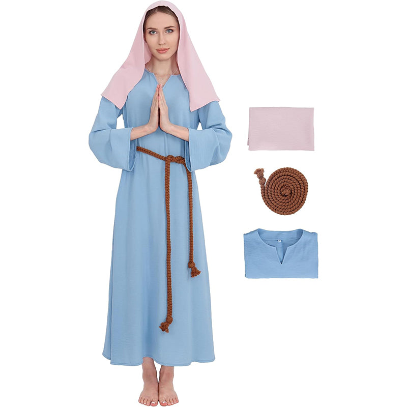 Women Mary Blue Dress Robe Biblical Peasant Costume With Purple Veil Medieval Renaissance Robe Dress Cosplay Costumes