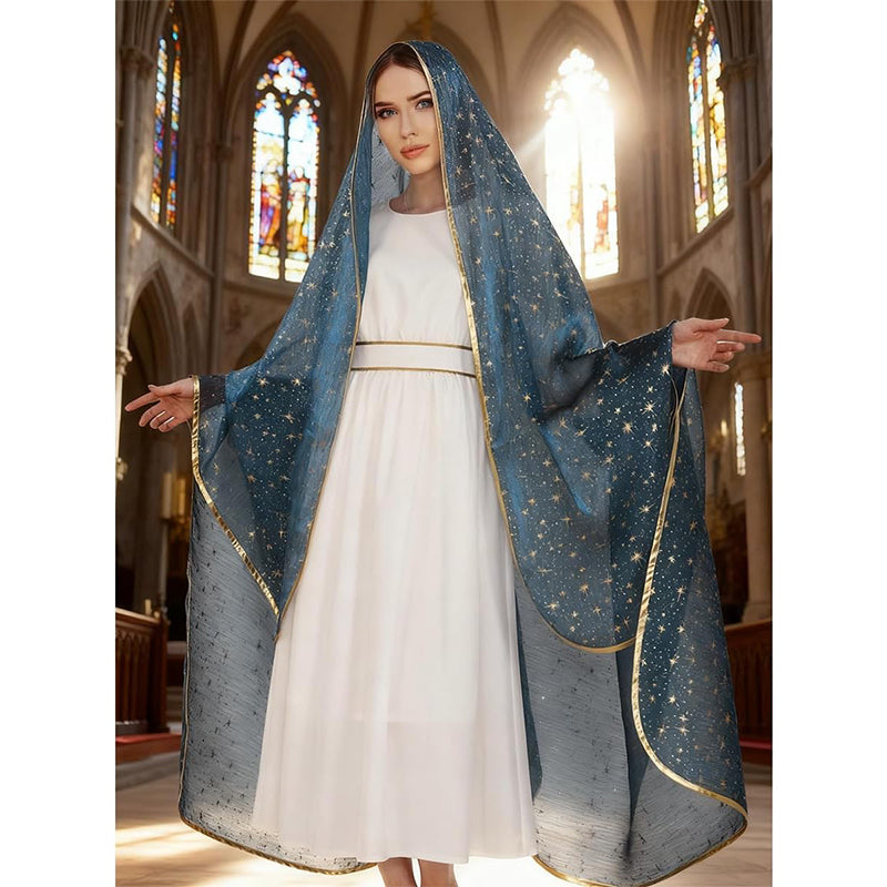 Women Mary Blue Veil Shawl Wrap Blanket Scarf With Stars Medieval Renaissance Biblical Shawl Cosplay Costume Accessories