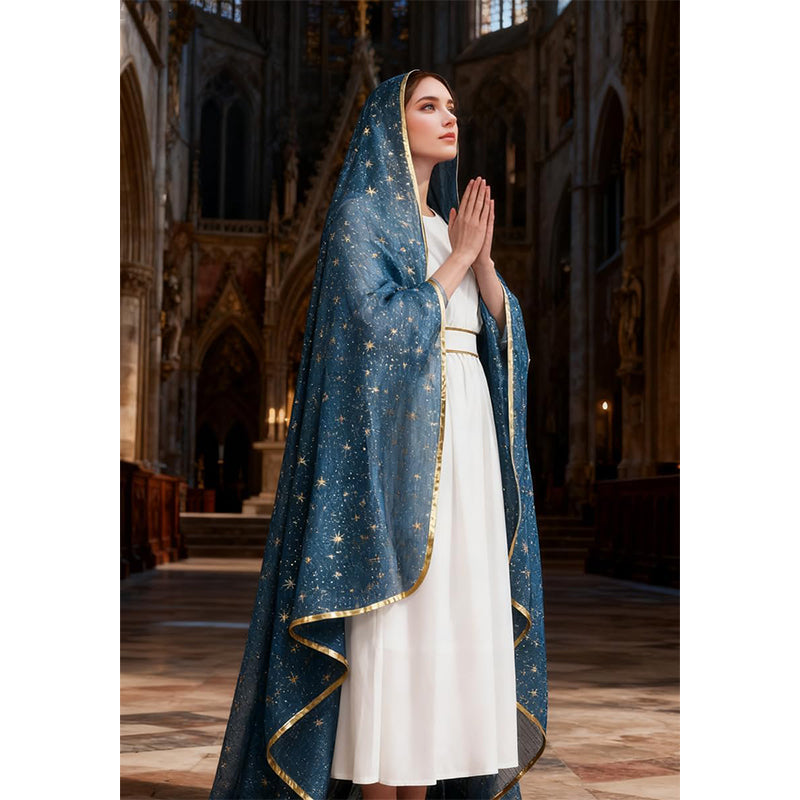Women Mary Blue Veil Shawl Wrap Blanket Scarf With Stars Medieval Renaissance Biblical Shawl Cosplay Costume Accessories