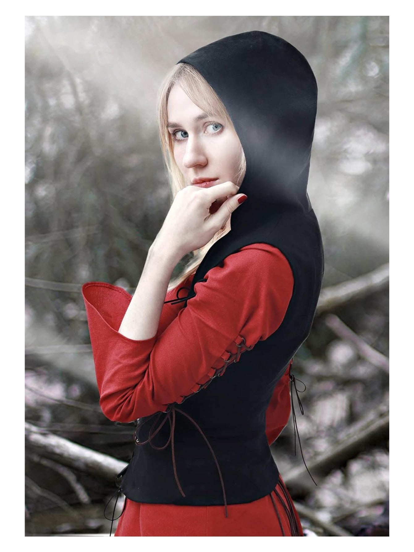 Women Medieval Corset Vest Lace Up Sleeveless Pirate Gothic Hooded Corset Vest Costume Accessories