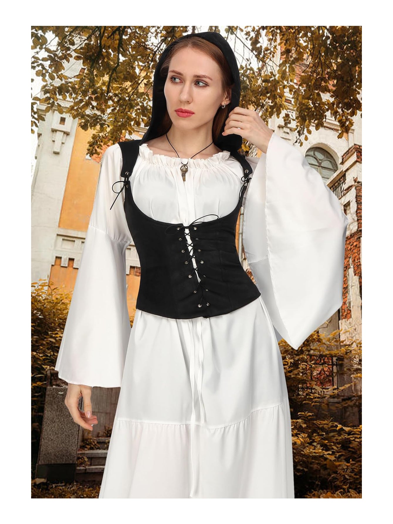 Women Medieval Corset Vest Lace Up Sleeveless Pirate Gothic Hooded Corset Vest Costume Accessories