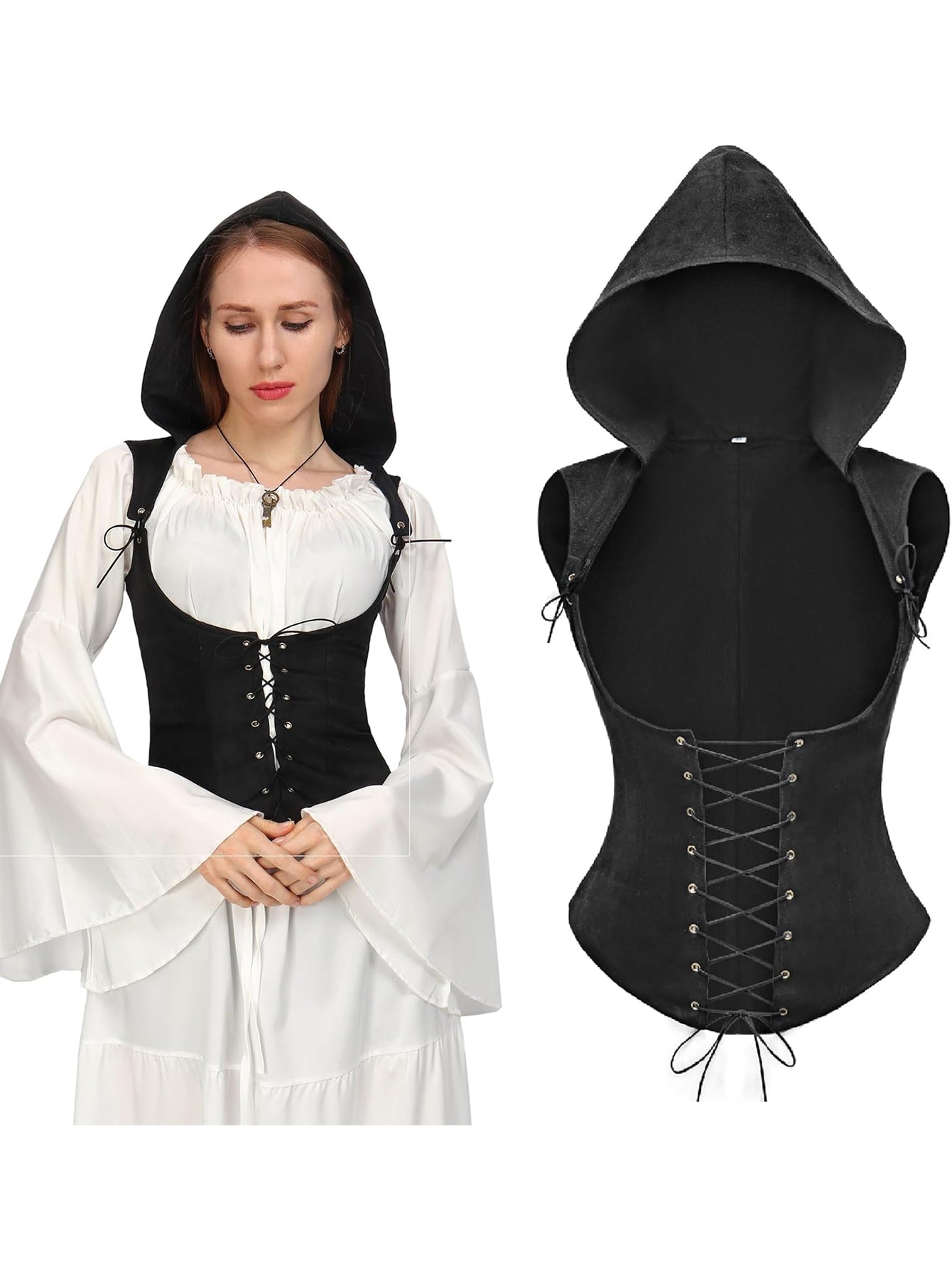Women Medieval Corset Vest Lace Up Sleeveless Pirate Gothic Hooded Corset Vest Costume Accessories