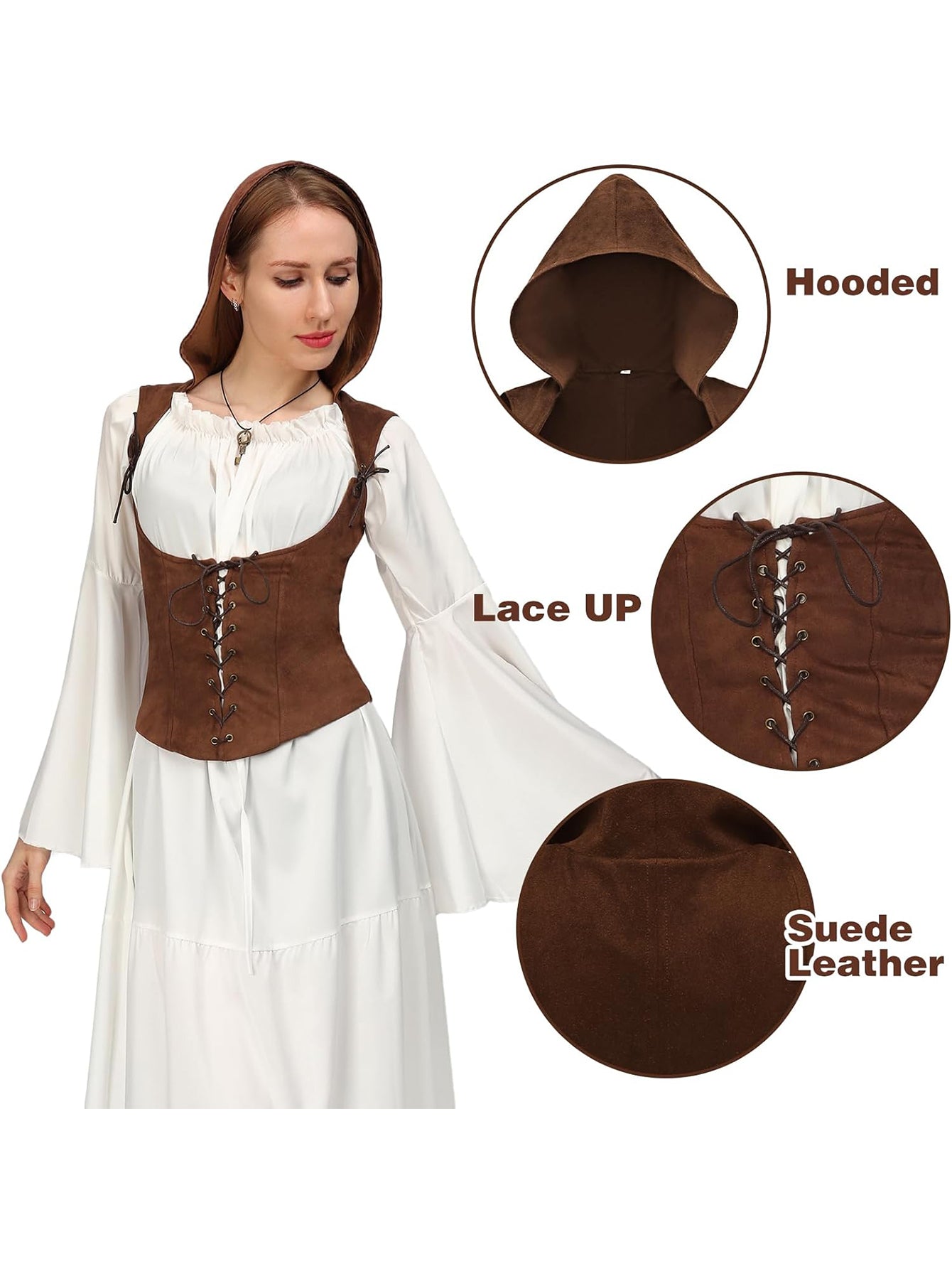 Women Medieval Corset Vest Lace Up Sleeveless Pirate Gothic Hooded Corset Vest Costume Accessories