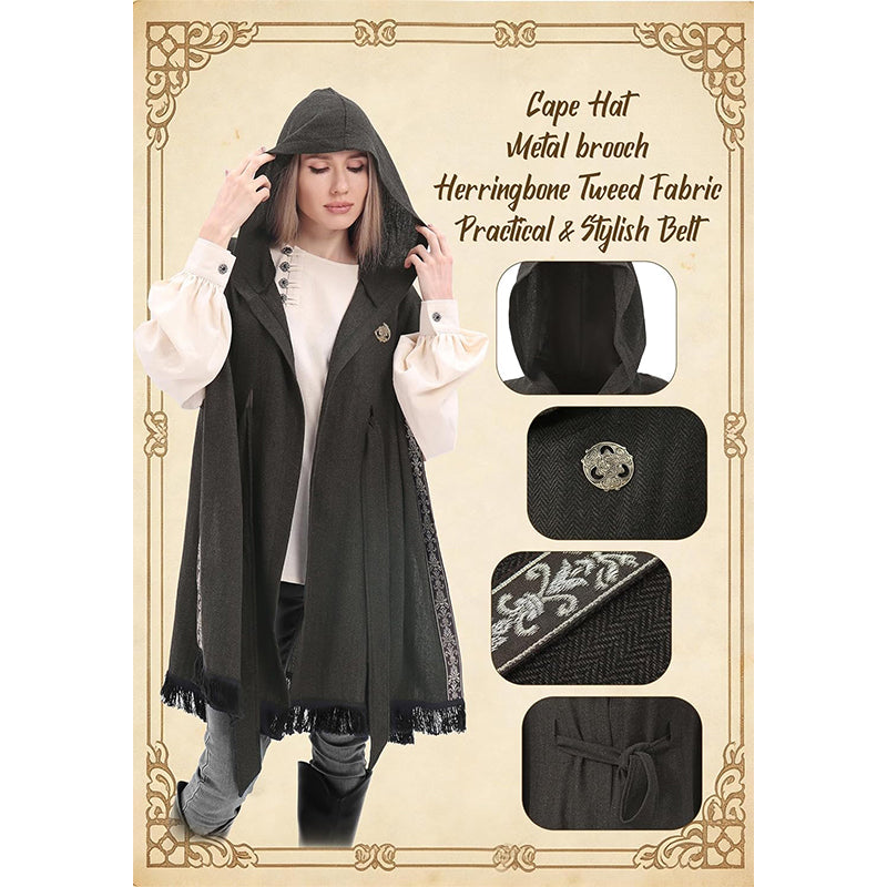 Women Medieval Hooded Cloak Shawl Scarf Renaissance Post-apocalyptic Fantasy Poncho Wrap Celtic Cape With Tassel Brooch Cosplay Costume For Party Daily Wear