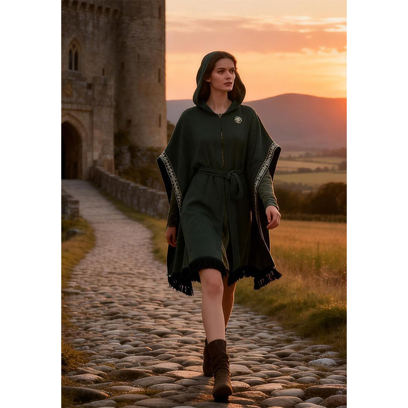 Women Medieval Hooded Cloak Shawl Scarf Renaissance Post-apocalyptic Fantasy Poncho Wrap Celtic Cape With Tassel Brooch Cosplay Costume For Party Daily Wear