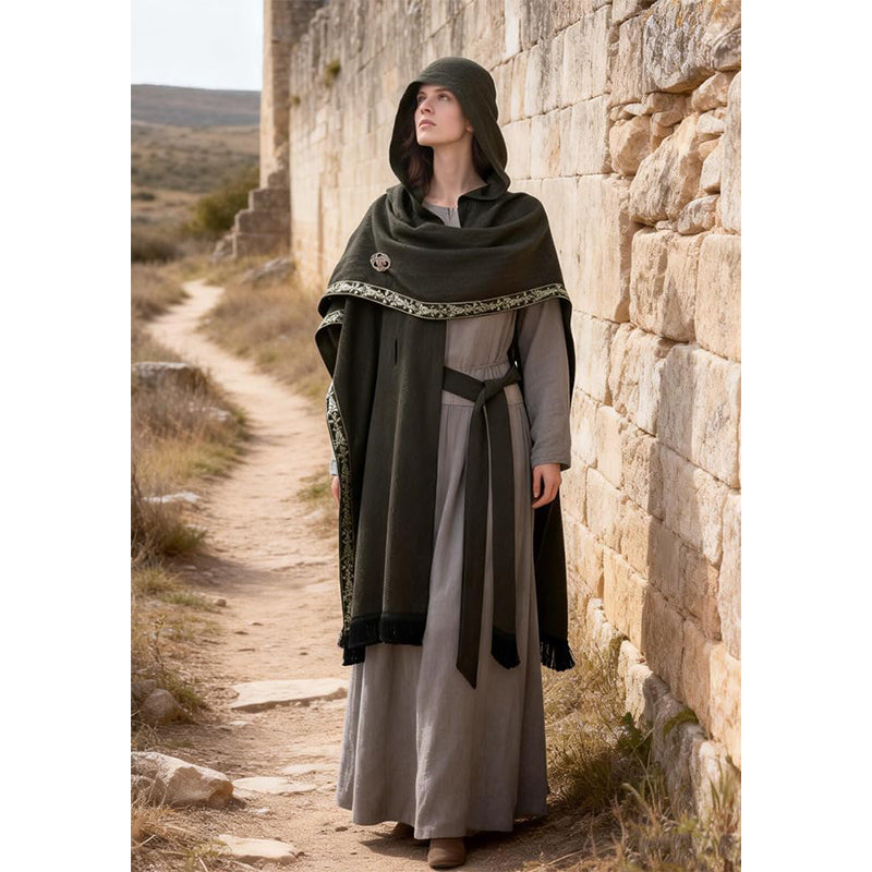Women Medieval Hooded Cloak Shawl Scarf Renaissance Post-apocalyptic Fantasy Poncho Wrap Celtic Cape With Tassel Brooch Cosplay Costume For Party Daily Wear