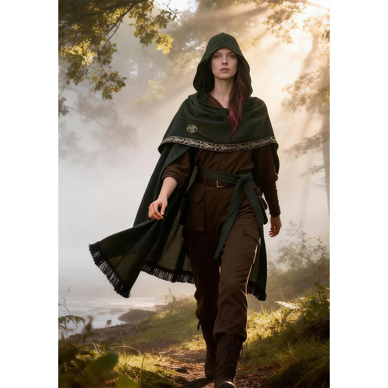 Women Medieval Hooded Cloak Shawl Scarf Renaissance Post-apocalyptic Fantasy Poncho Wrap Celtic Cape With Tassel Brooch Cosplay Costume For Party Daily Wear