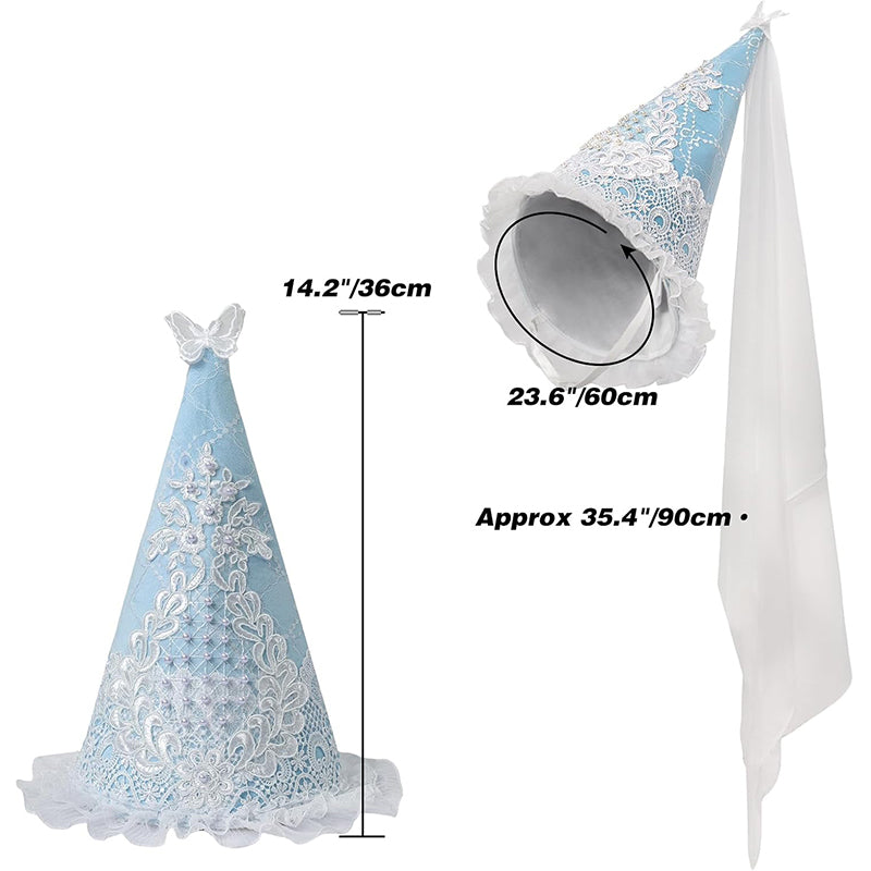 Women Medieval Lace Hennin Hat With Veil Renaissance Princess Hat Cone-Shaped Headdress Cosplay Costume Accessories