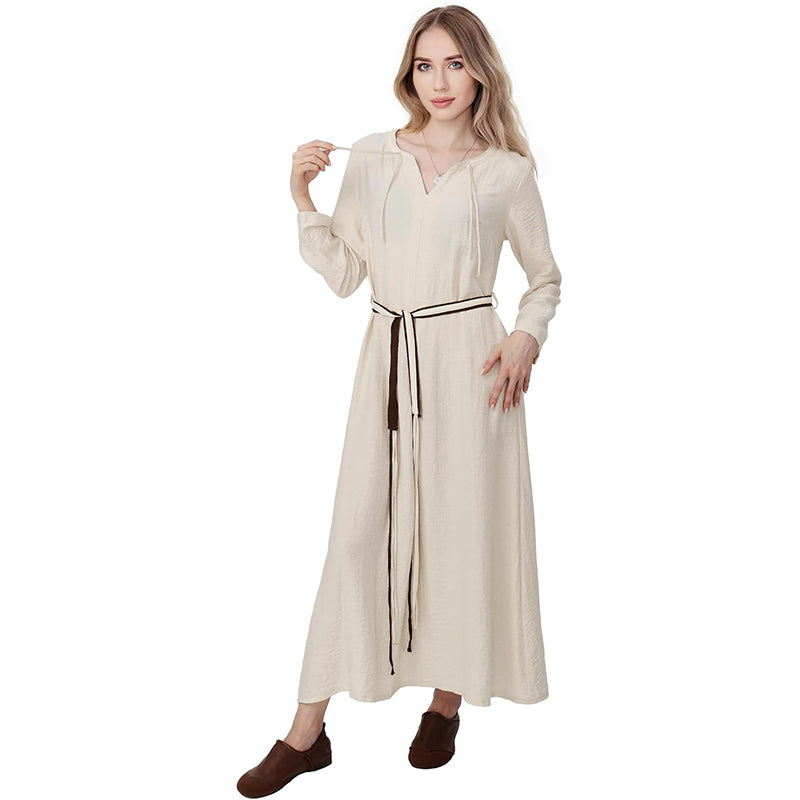Women Medieval Renaissance Linen Underdress With Belt Chemise Peasant Dress Cosplay Costume Long Dress