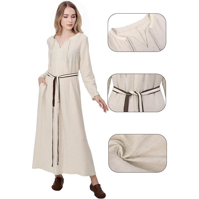 Women Medieval Renaissance Linen Underdress With Belt Chemise Peasant Dress Cosplay Costume Long Dress