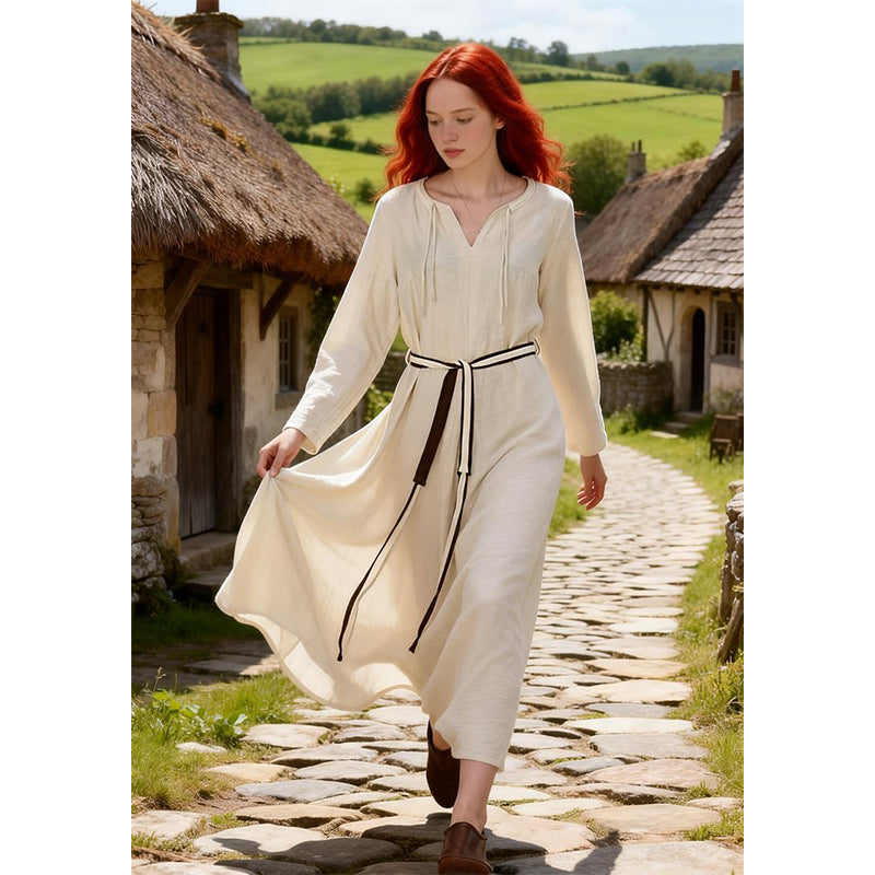 Women Medieval Renaissance Linen Underdress With Belt Chemise Peasant Dress Cosplay Costume Long Dress