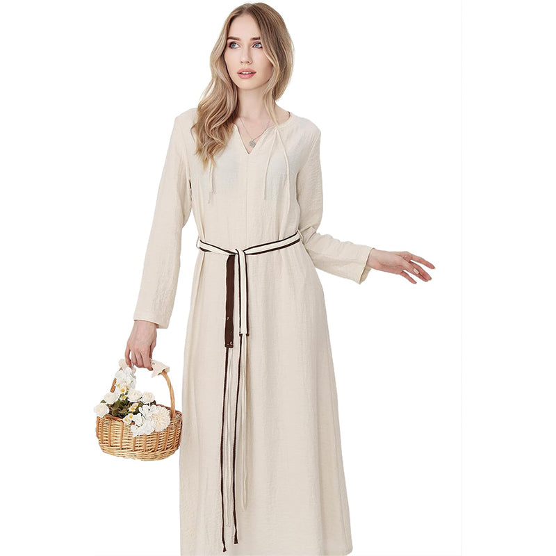Women Medieval Renaissance Linen Underdress With Belt Chemise Peasant Dress Cosplay Costume Long Dress
