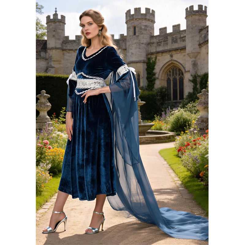 Women Medieval Renaissance Princess Dress Blue Velvet Maxi Fantasy Elf Cosplay Costumes For Festival Party Daily Wear