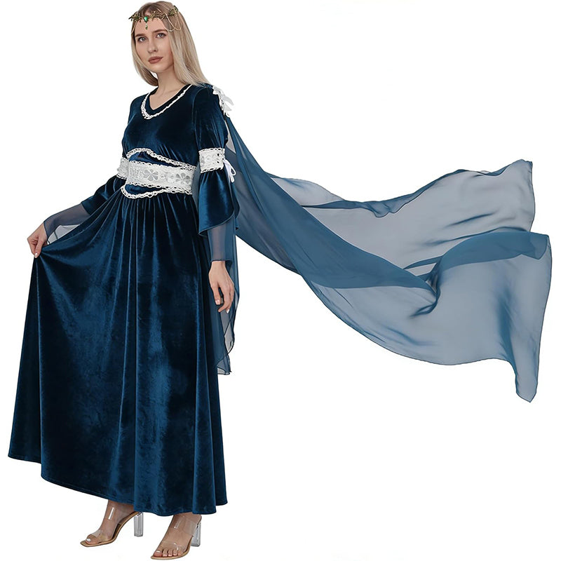 Women Medieval Renaissance Princess Dress Blue Velvet Maxi Fantasy Elf Cosplay Costumes For Festival Party Daily Wear