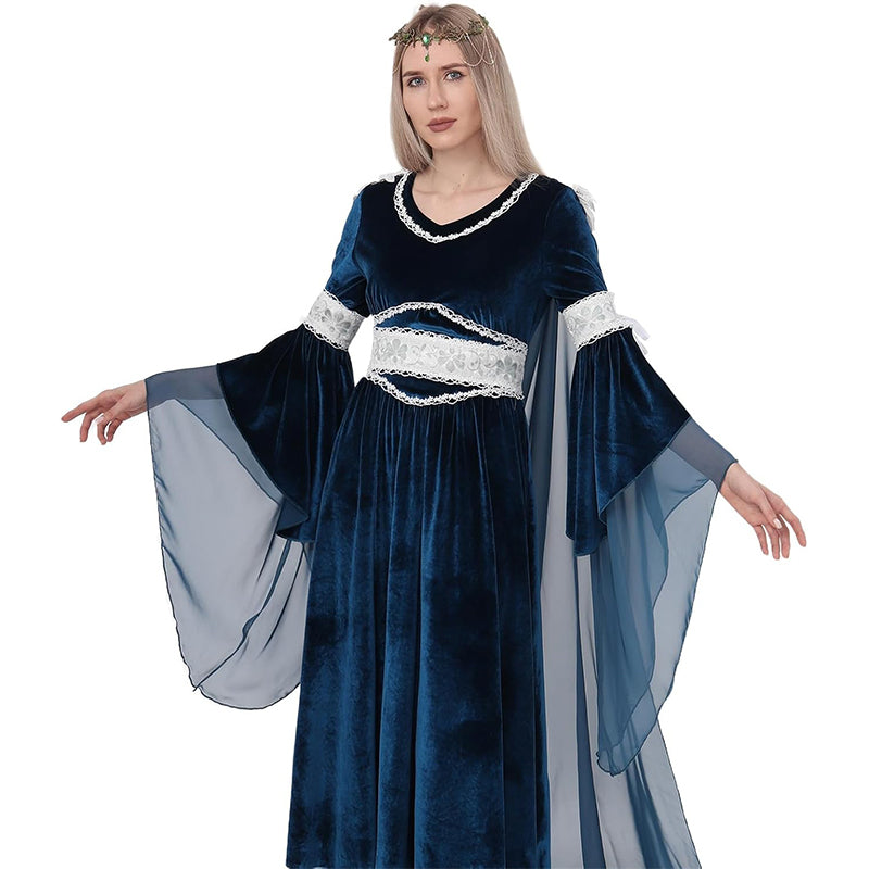 Women Medieval Renaissance Princess Dress Blue Velvet Maxi Fantasy Elf Cosplay Costumes For Festival Party Daily Wear