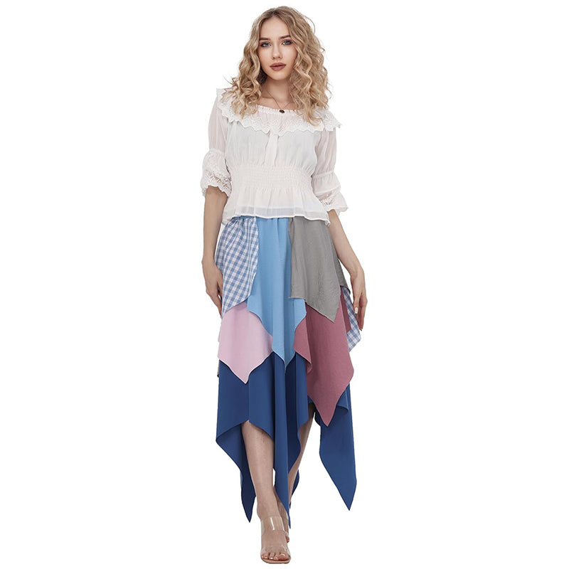 Women Medieval Renaissance Scrappy Asymmetrical Skirt High Waist Long Splicing Dress For Party Festival Daily Wear