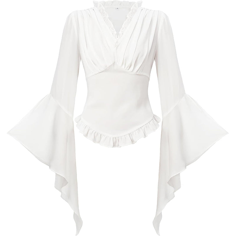 Women Pirate Blouse Victorian Shirts Gothic Vampire Top Shirt Renaissance White Ruffled V-Neck Long Sleeve Cosplay Costume Shirt