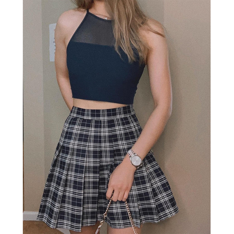 Women Plaid Skirt with Shorts High Waist Pleated Skater Skirts Schoolgirl Skirt