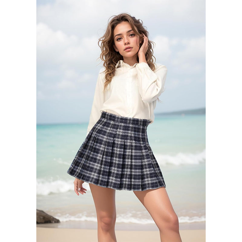Women Plaid Skirt with Shorts High Waist Pleated Skater Skirts Schoolgirl Skirt
