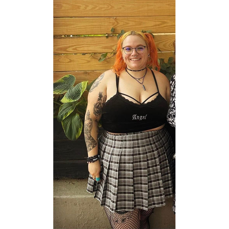 Women Grey Plaid Skirt with Shorts High Waist Pleated Skater Skirts Schoolgirl Skirts