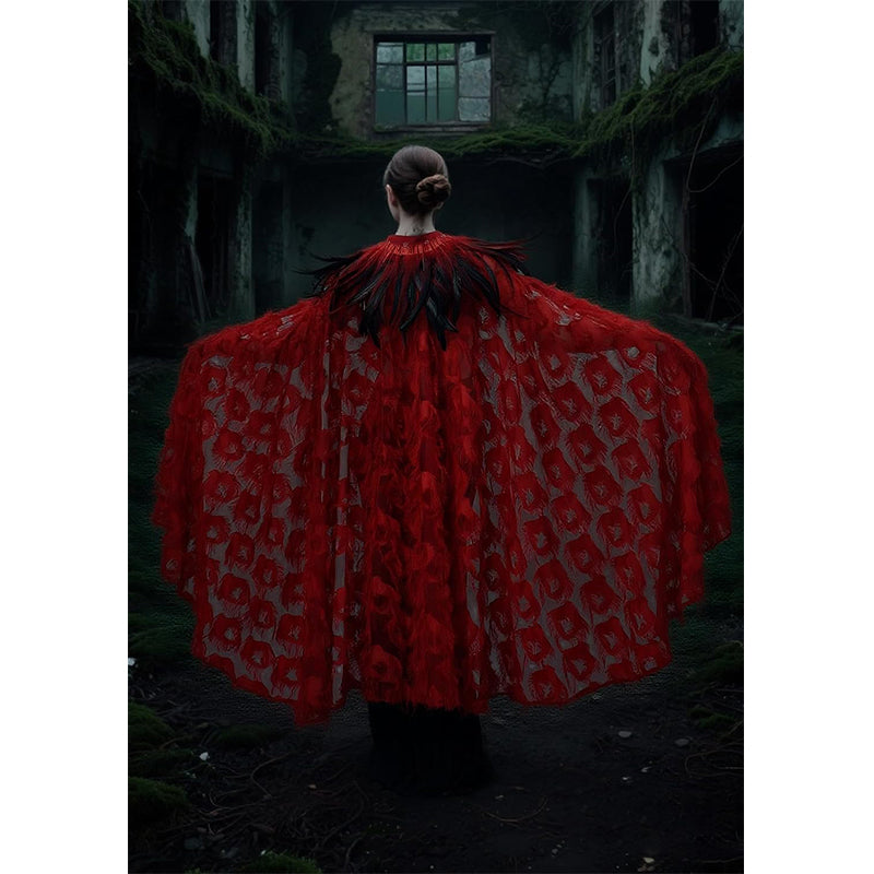 Women Cloak With Feather Collar Gothic Vampire Witch Cape Cosplay Costume Cloak For Halloween Party