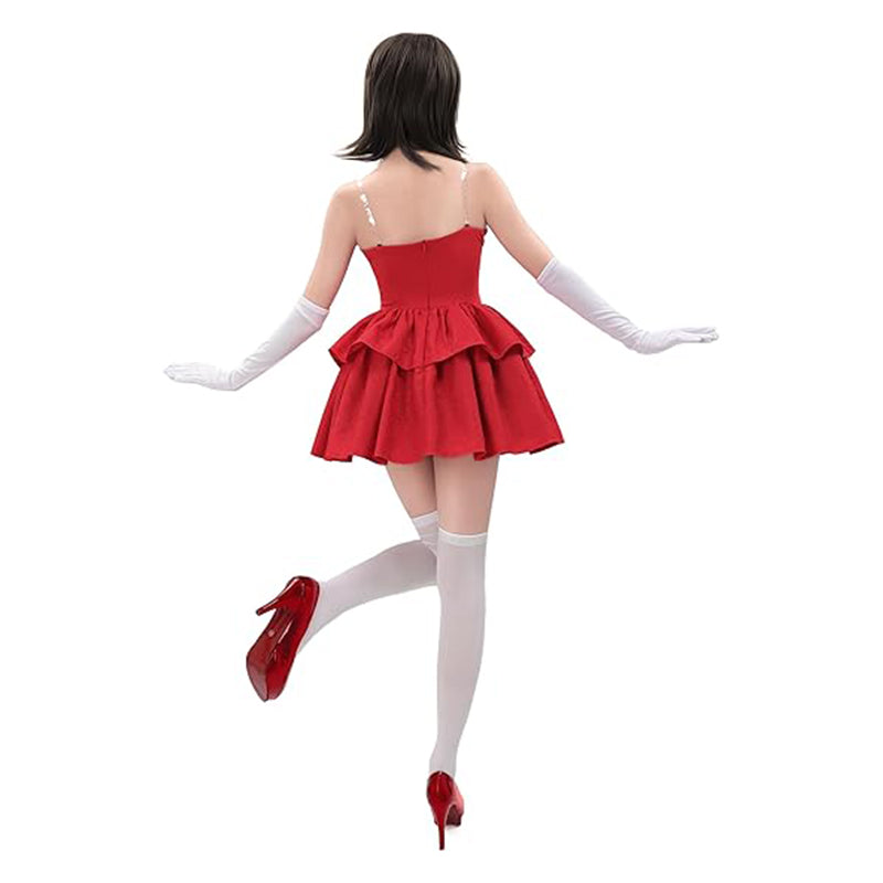 Women Red Strapless Dress Cosplay Costume Full Set Outfit for Halloween Party Daily Wear