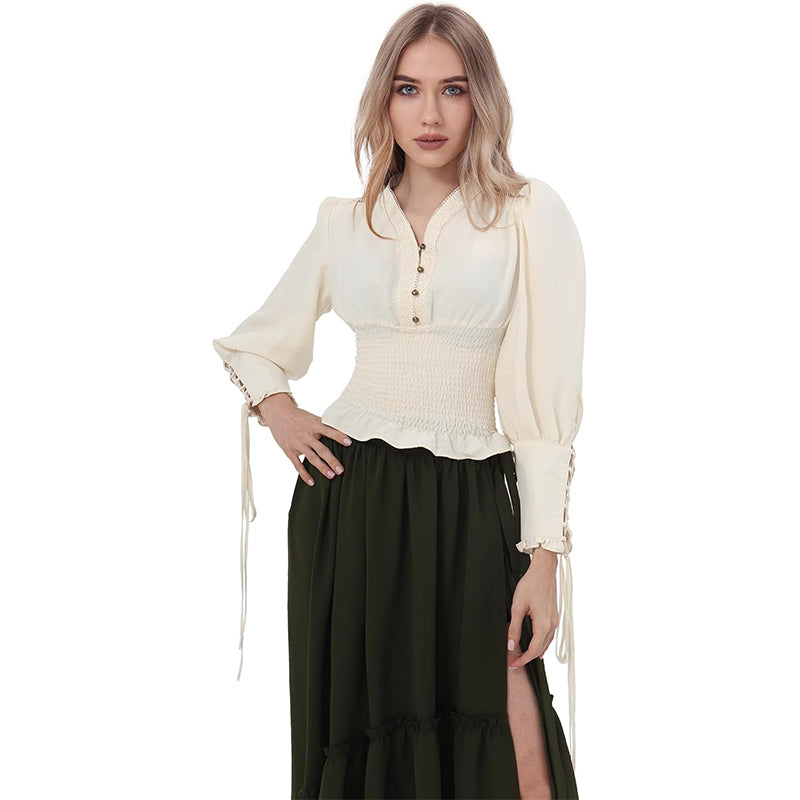 Women Renaissance Blouse Pirate Top Gothic Shirt V-neck Lantern Sleeves Shirt Smocked Waist Victorian Blouse For Party Daily Wear