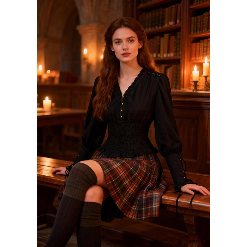 Women Renaissance Blouse Pirate Top Gothic Shirt V-neck Lantern Sleeves Shirt Smocked Waist Victorian Blouse For Party Daily Wear