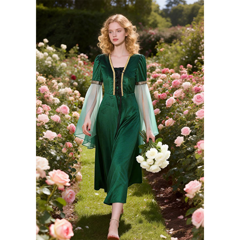 Women Renaissance Dress Elf Fairy Cosplay Green Dress Medieval Victorian Princess Long Dress Ren Faire Woodland Gown Gothic Fairy Velvet Dress For Party Daily Wear