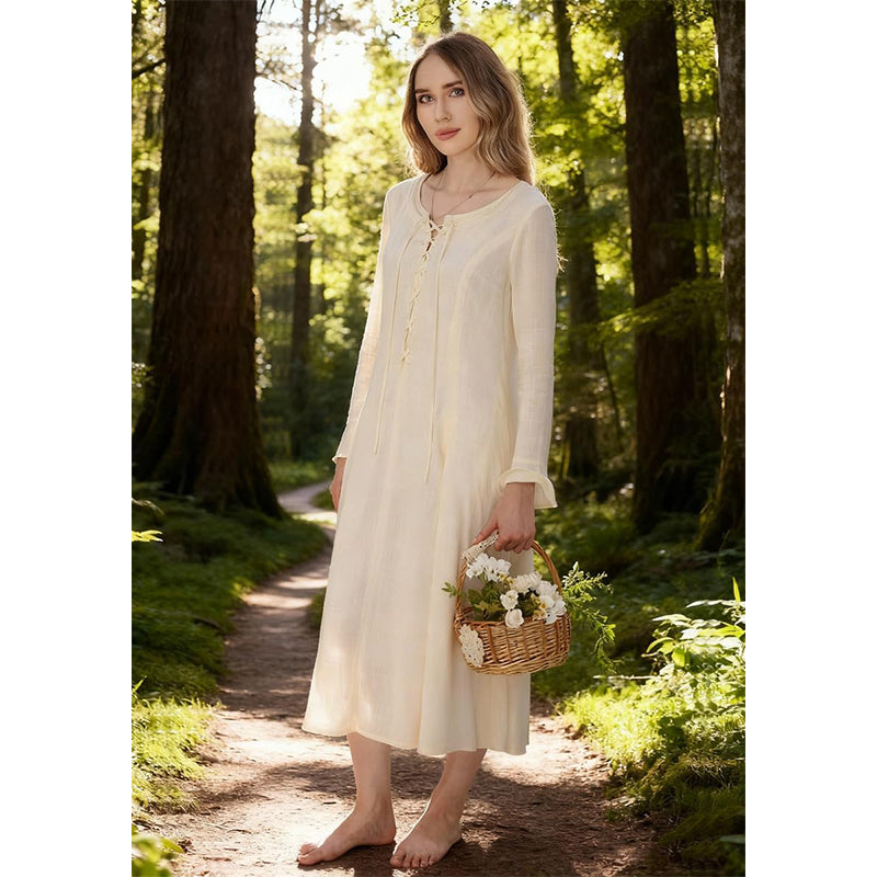 Women Tunic Dress Medieval Long Dress With Long Sleeves Renaissance Embroidery Vintage Beige Skirt Peasant Long Dress Cosplay Costumes