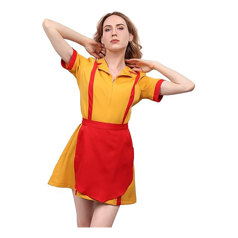 Women Waitress Costume Yellow Uniform Cosplay Dress For Halloween Party Christmas