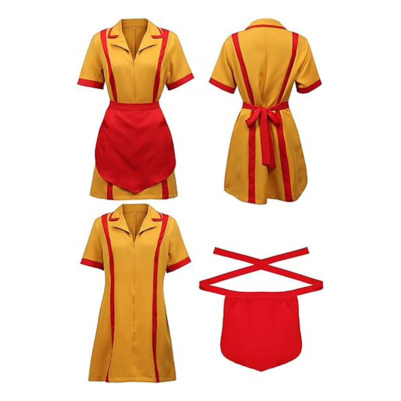 Women Waitress Costume Yellow Uniform Cosplay Dress For Halloween Party Christmas