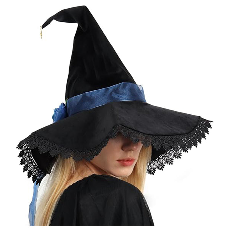 Women Witch Hat Black Velvet with Lace Brim Wizard Cosplay Hat